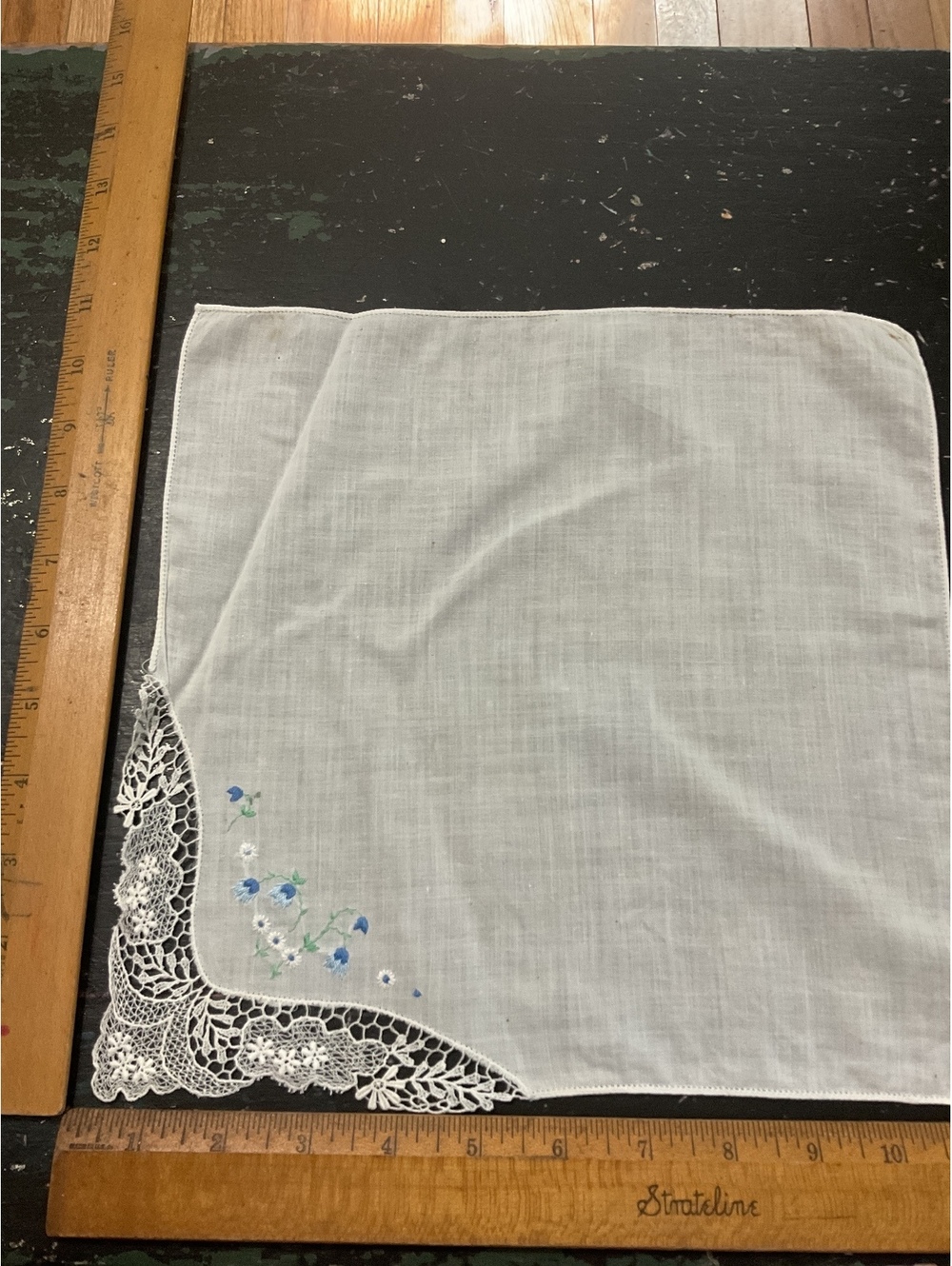 Vintage White Linen Handkerchief with Blue Floral Embroidery and Lace Trim